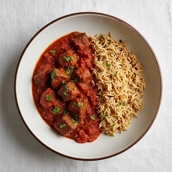 Smoky Matbucha Beef Stew With Toasted Vermicelli Rice Medley